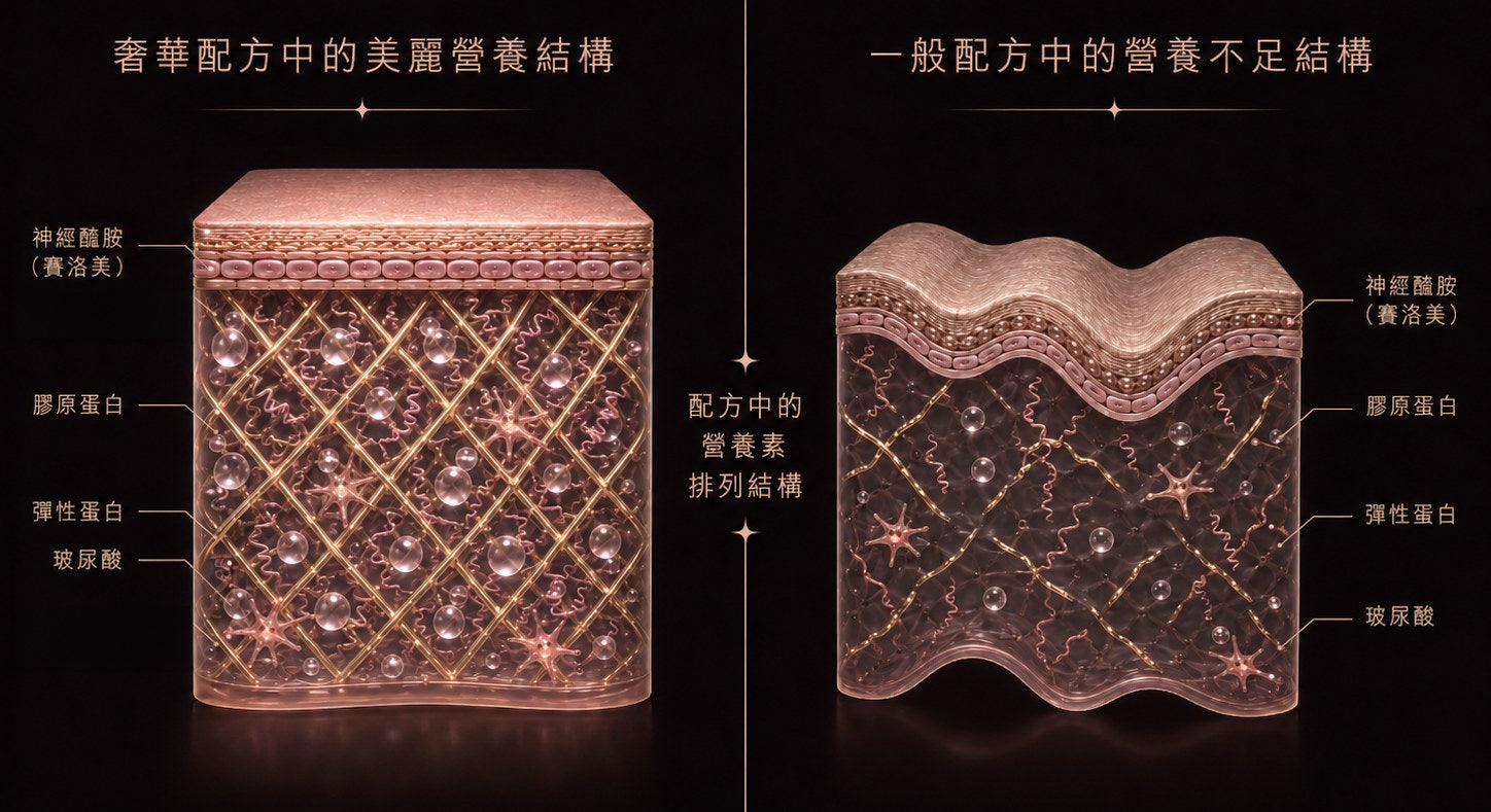 奢華配方中的美麗營養結構 vs 一般配方中的營養不足結構